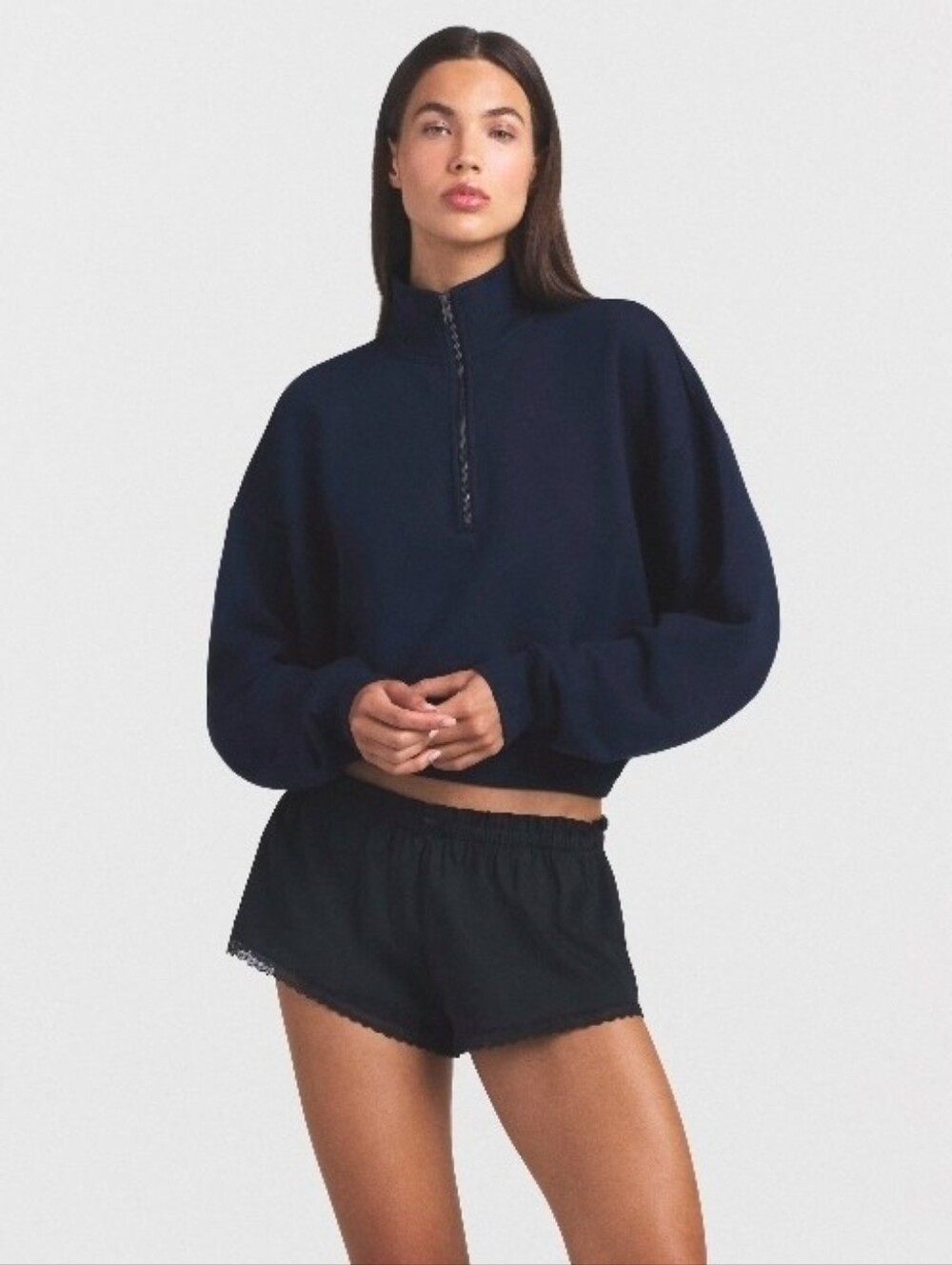 NWT SKIMS Cotton Fleece Cropped Half Zip Pullover Onyx Black Small